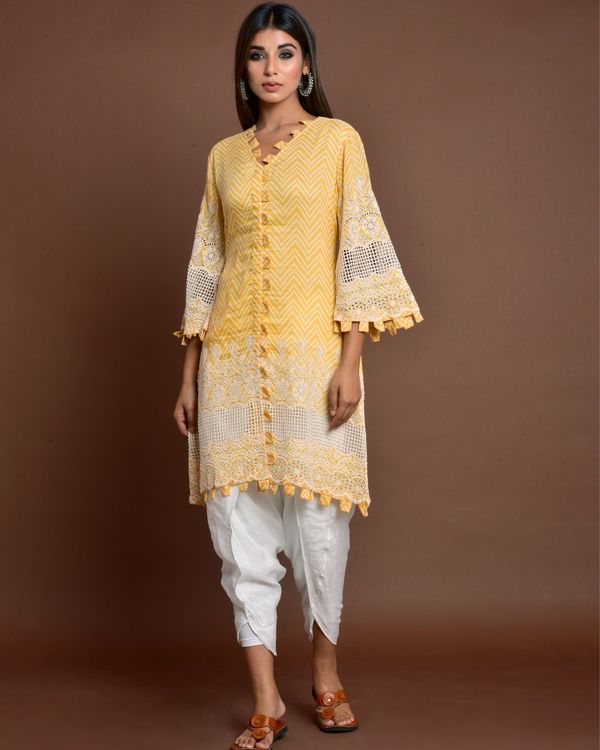 Yellow cutwork embroidery kurta and off white tulip pants - set of two 2