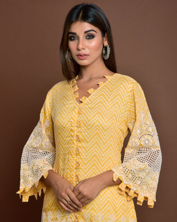 Yellow cutwork embroidery kurta and off white tulip pants - set of two 1