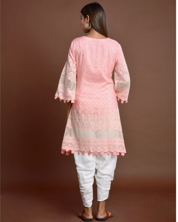 Pink cutwork embroidery kurta and off white tulip pants - set of two 4