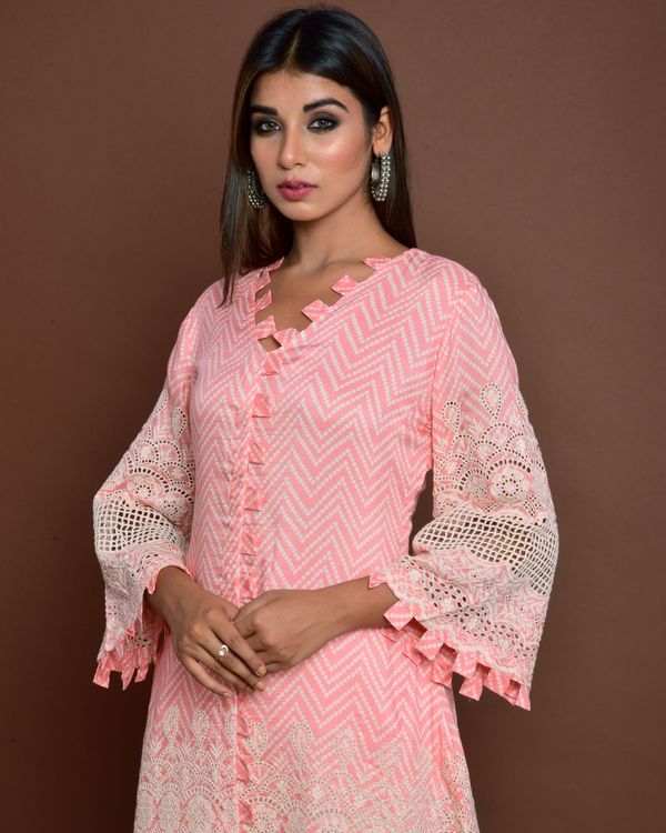 Pink cutwork embroidery kurta and off white tulip pants - set of two 3