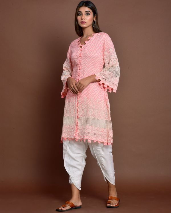 Pink cutwork embroidery kurta and off white tulip pants - set of two 3