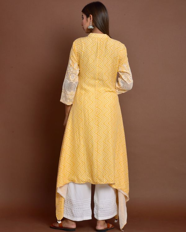 Yellow cutwork embroidered high low kurta and off white lace pin tuck palazzo - set of two 1