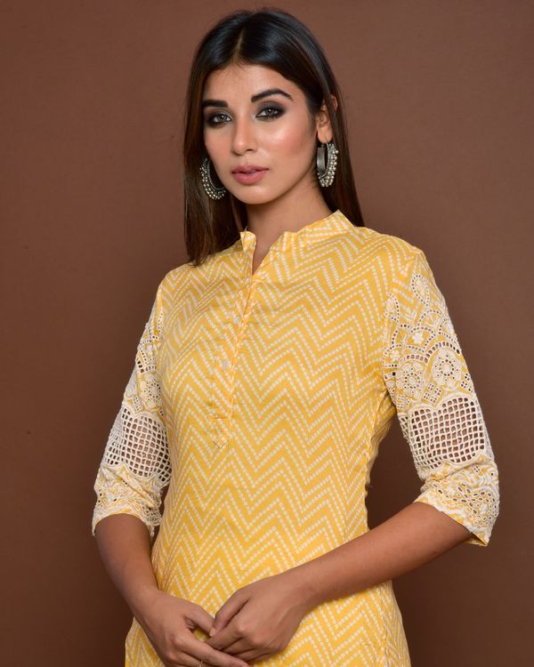 Yellow cutwork embroidered short kurta with off white patiala salwar - set of two 3