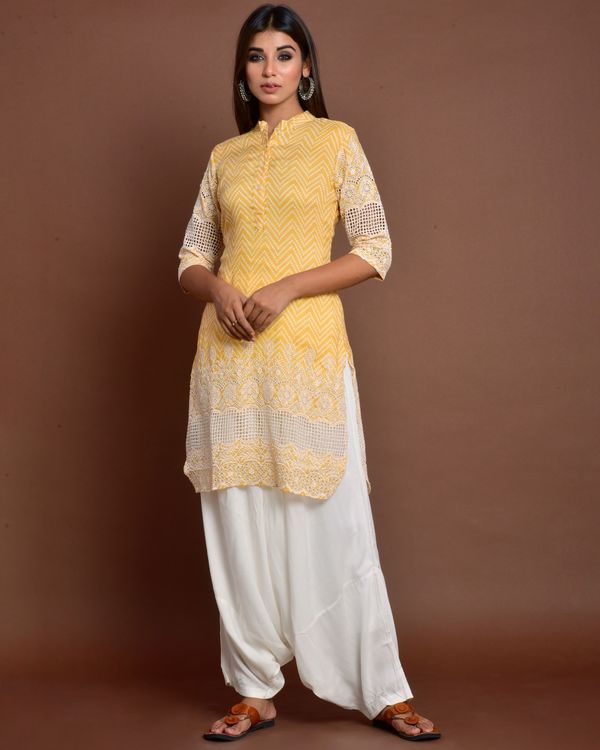 Yellow cutwork embroidered short kurta with off white patiala salwar - set of two 4