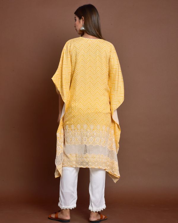 Yellow cutwork embroidered kaftan style kurta with white pants - set of two 5