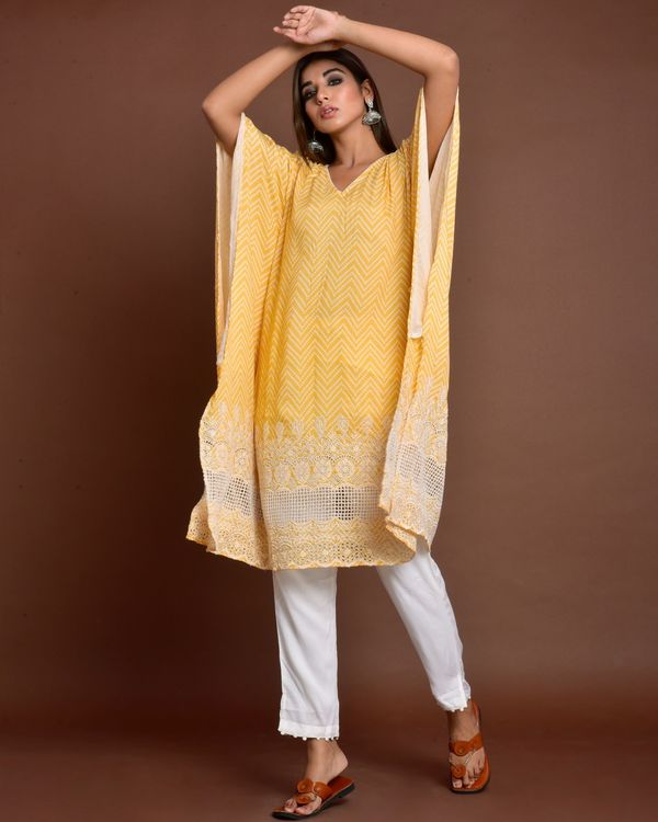 Yellow cutwork embroidered kaftan style kurta with white pants - set of two 2