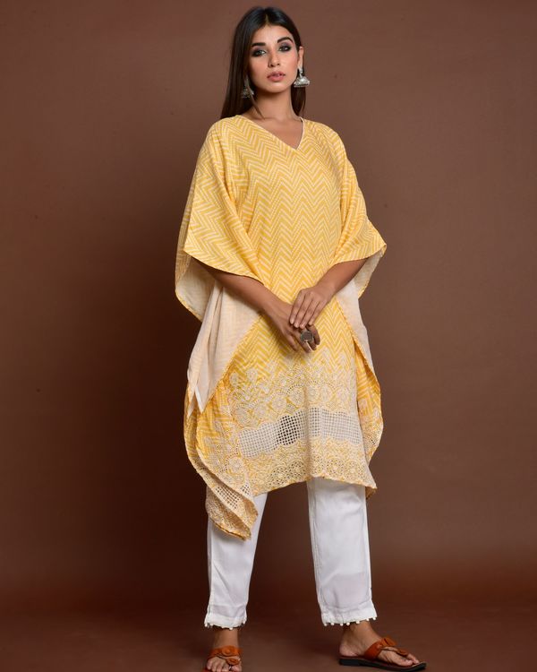 Yellow cutwork embroidered kaftan style kurta with white pants - set of two 1
