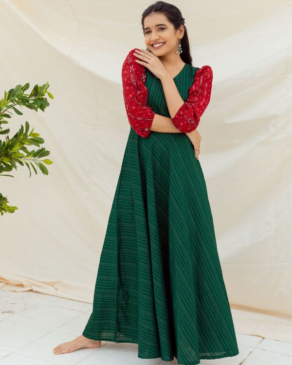 Bottle green handloom dress with red sambalpuri ikat sleeves 1