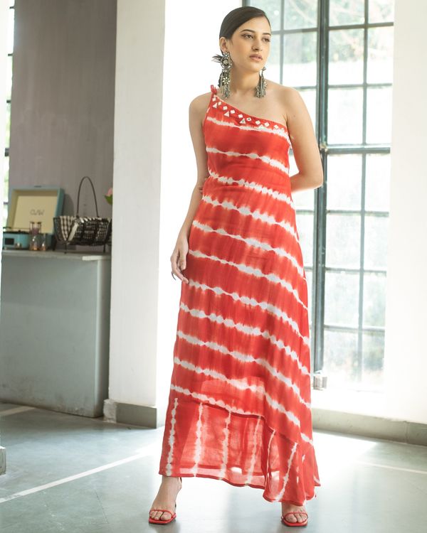 Red hand tie and dye lehariya one shoulder dress 2
