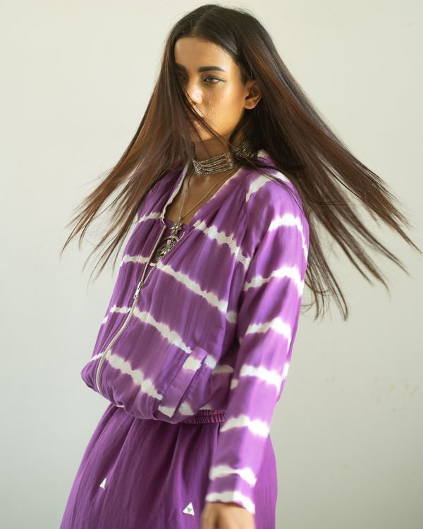 Purple mirror embroidery dress with hand tie and dyed lehriya jacket - set of two 2