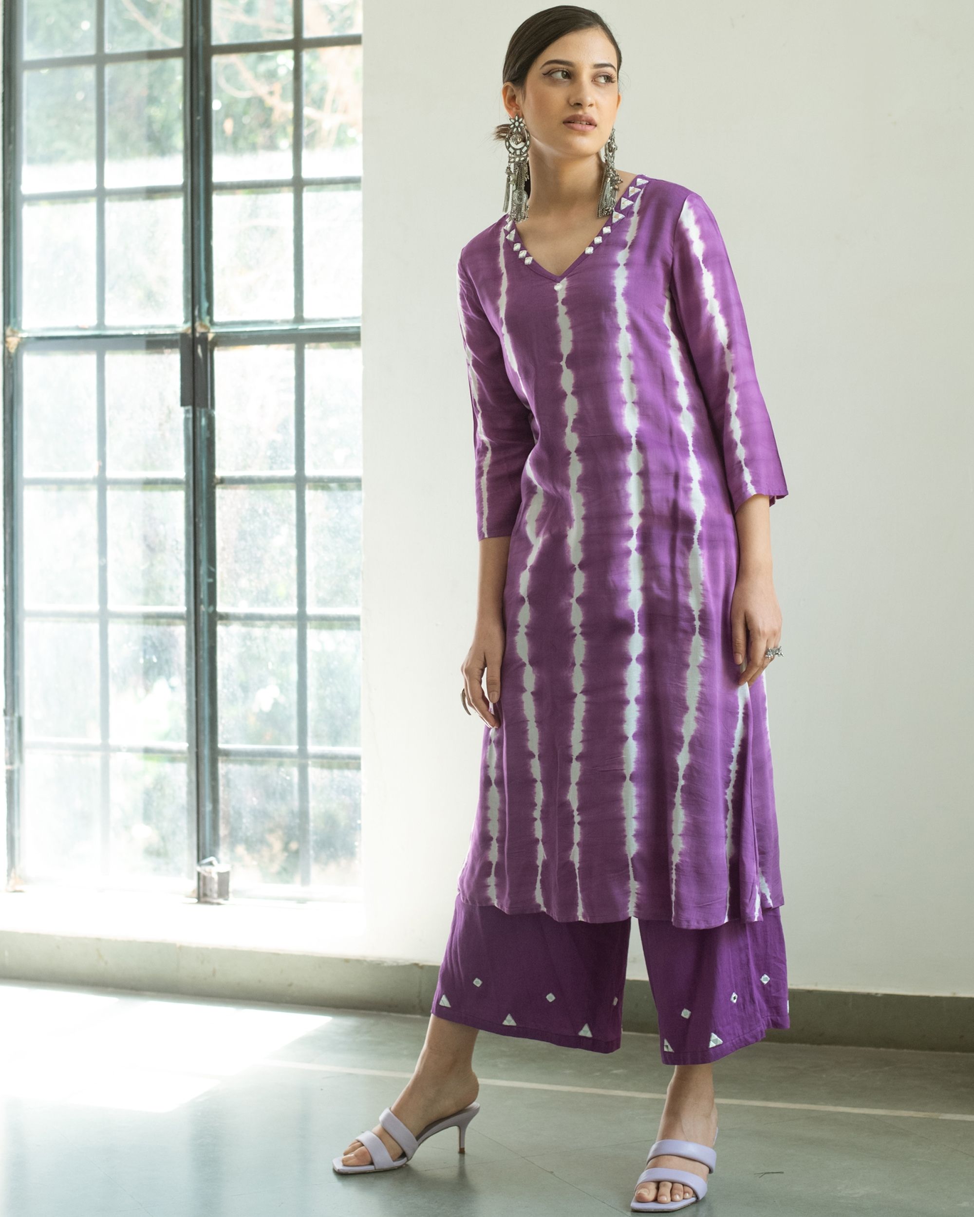 India Pakistani Purple Women's Cotton Kurta Palazzo Set with Dupatta