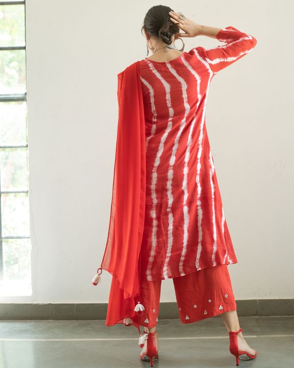 Red mirror work kurta with palazzo and dupatta - set of three 1