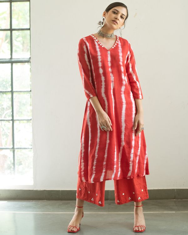 Red mirror work kurta with palazzo and dupatta - set of three 4