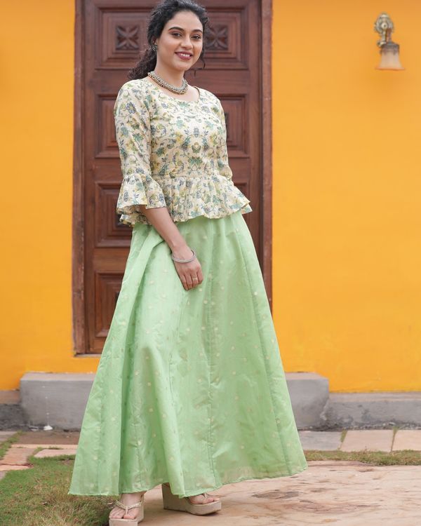 Beige floral peplum top and green chanderi skirt - set of two 3