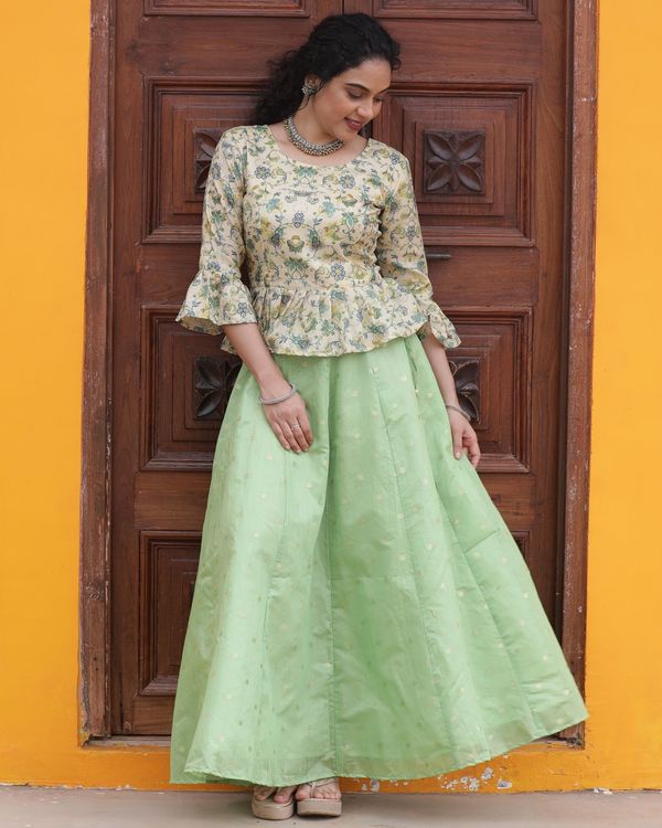 Beige floral peplum top and green chanderi skirt - set of two 4