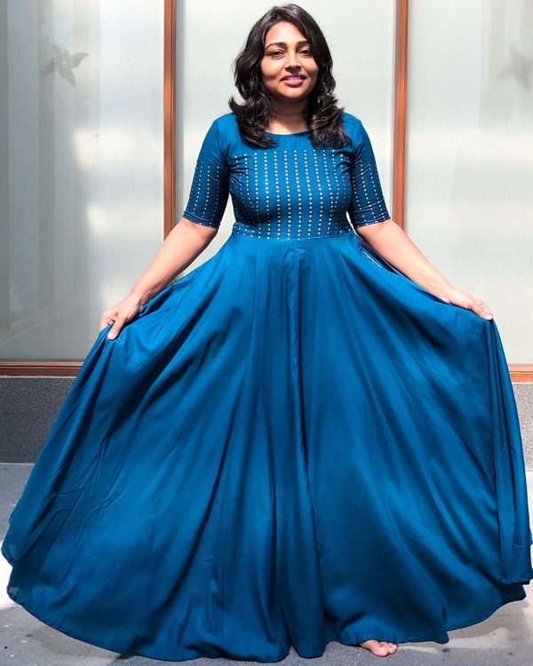 Blue flared yoke printed dress 3
