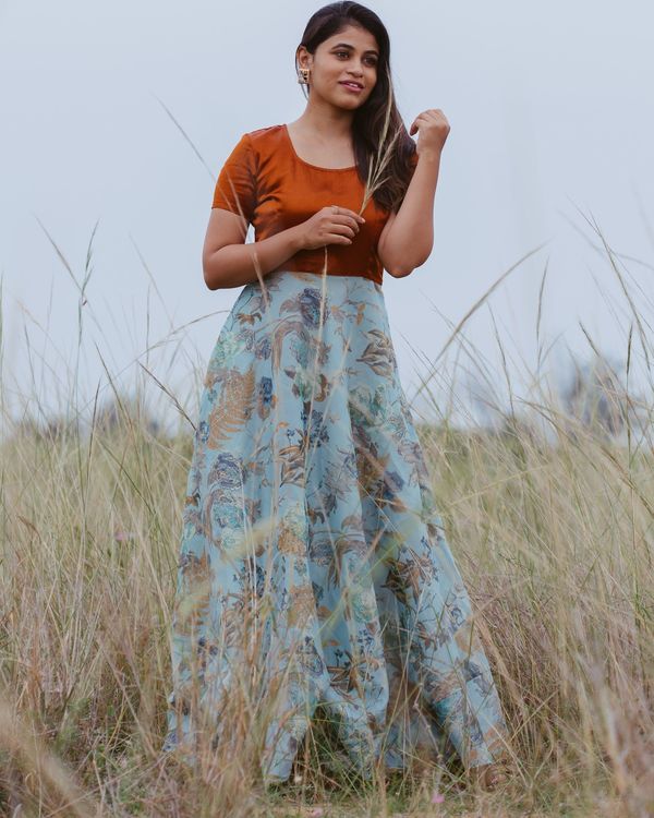 Brown mashru silk and blue floral organza flared dress 2