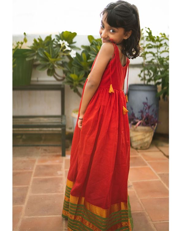 Red narayanpet zari bordered dress 3