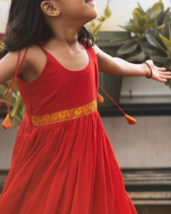 Red narayanpet zari bordered dress 2