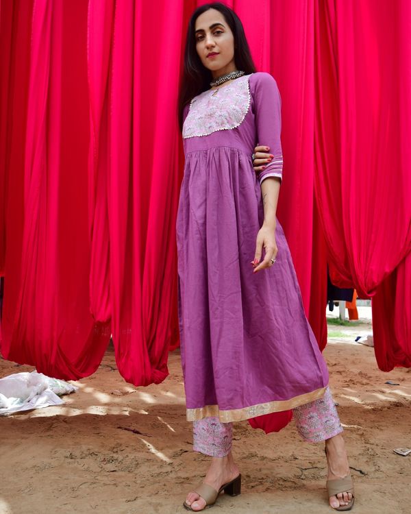 Purple and pink yoke kurta and mulmul slip with hand block printed pants - set of three 3