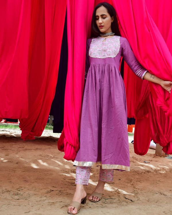 Purple and pink yoke kurta and mulmul slip with hand block printed pants - set of three 2