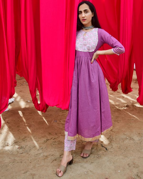 Purple and pink yoke kurta and mulmul slip with hand block printed pants - set of three 1