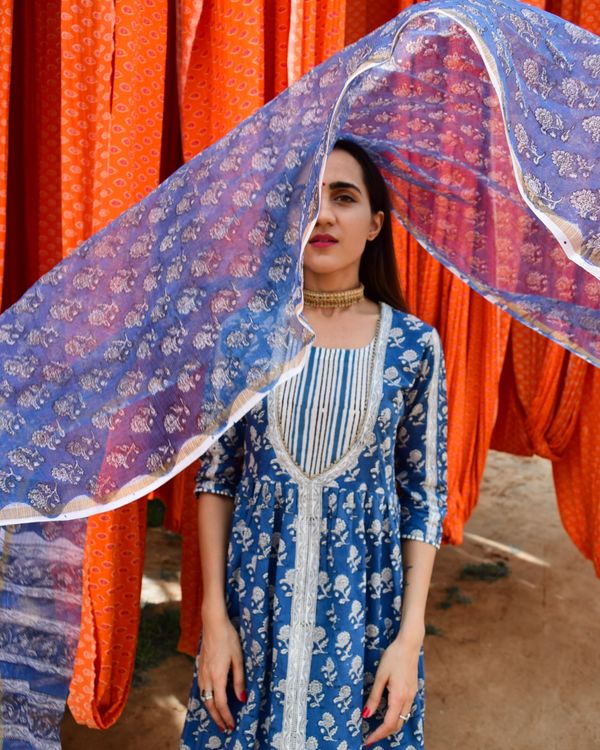 Indigo rozana mughal hand block printed kurta and afghan pant with hand printed kota dupatta - set of three 1
