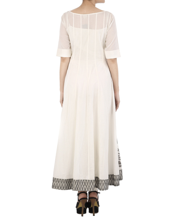 White cotton Dress with grey applique by Myoho by Kiran and Meghna