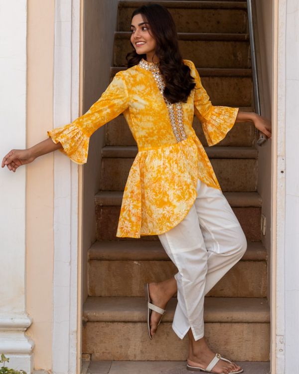 Sunshine Yellow Pleated Tunic And White Pants Set Of Two By Chappai