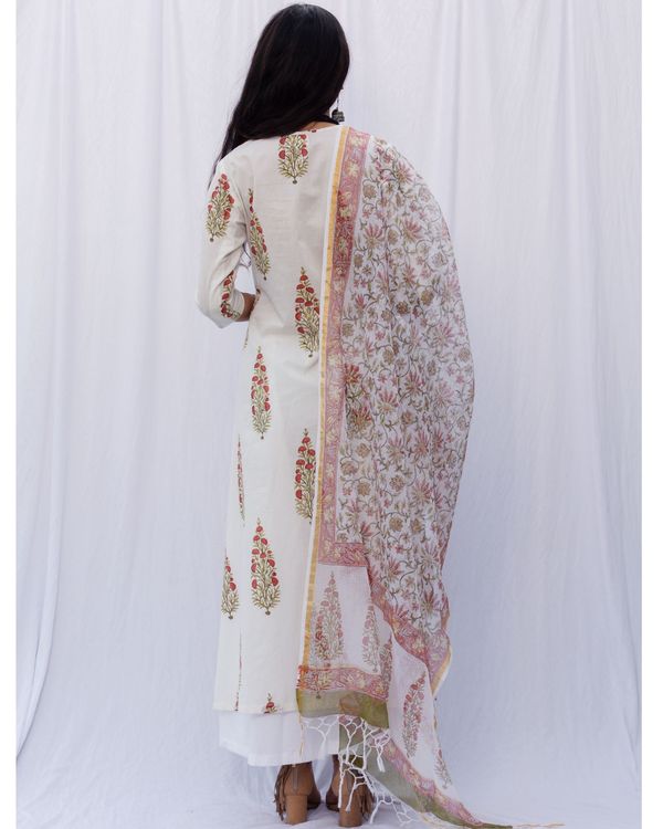 Off white floral anarkali and palazzo with chanderi hand block printed dupatta - set of three 1