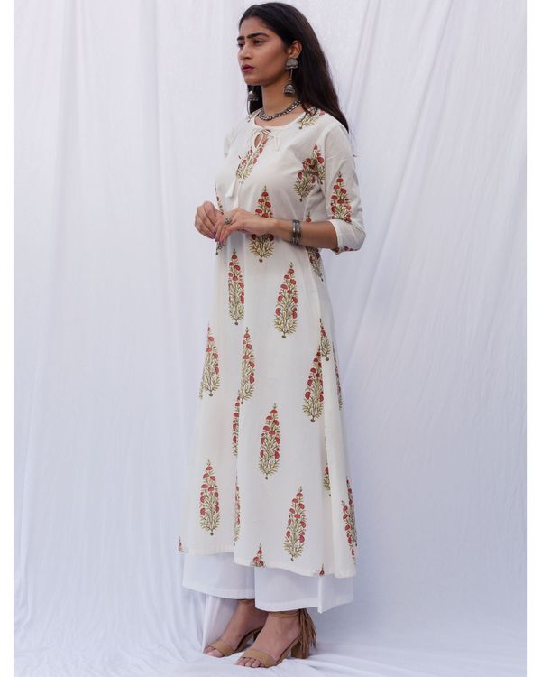 Off white floral anarkali and palazzo with chanderi hand block printed dupatta - set of three 2
