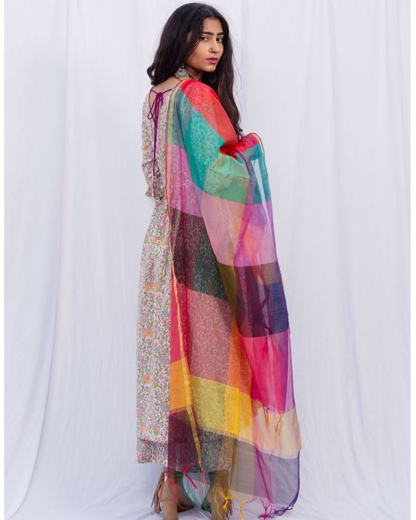 Multi-colour floral pintuck kurta and pants with pure chanderi multi-colour duppatta - set of two 2