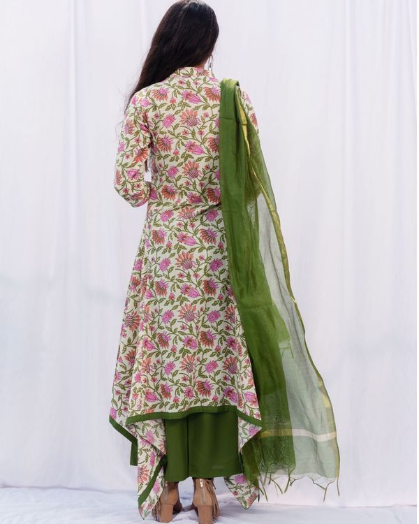 Floral jaal assymentric anarkali and green palazzo with dupatta - set of three 1