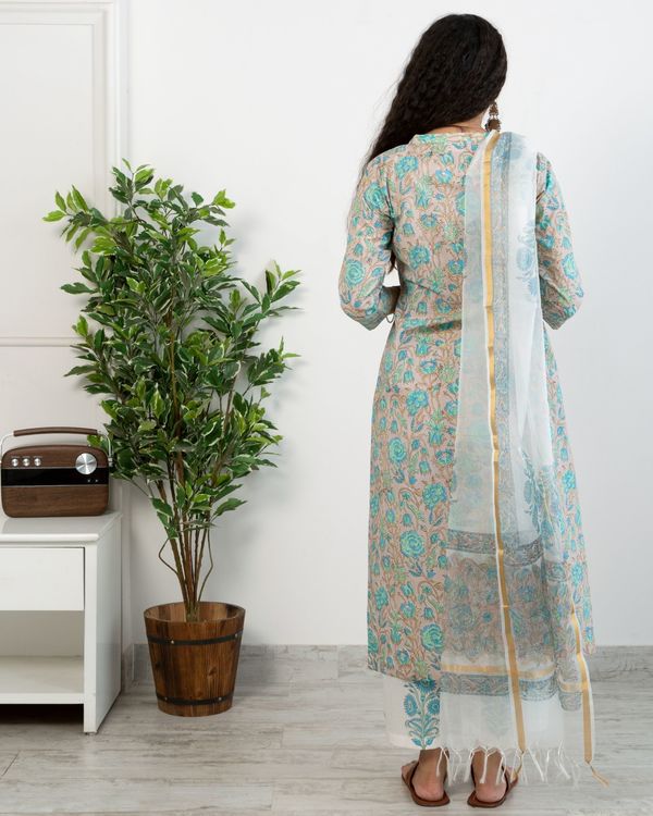 Pastel blue floral anghrakha kurta and white printed pants with chanderi handblock printed dupatta - set of three 1