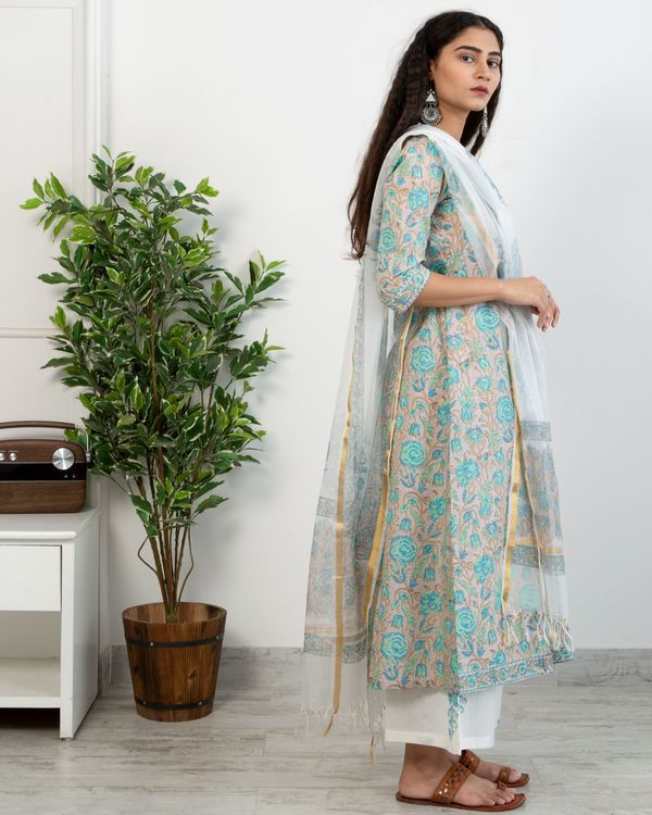 Pastel blue floral anghrakha kurta and white printed pants with chanderi handblock printed dupatta - set of three 2