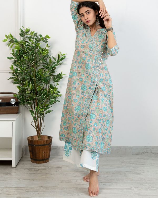 Pastel blue floral anghrakha kurta and white printed pants with chanderi handblock printed dupatta - set of three 3