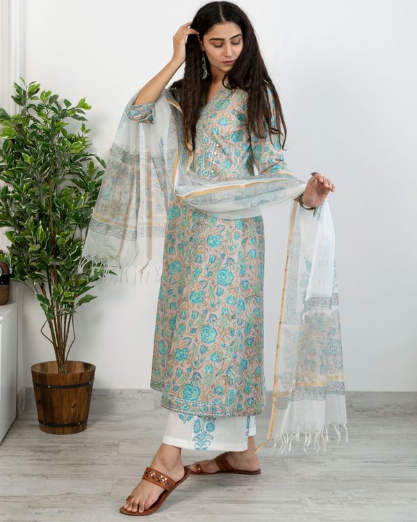 Pastel blue floral anghrakha kurta and white printed pants with chanderi handblock printed dupatta - set of three 4
