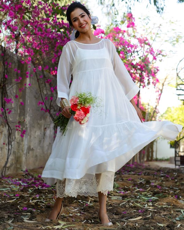 White Organza Embroidered Lace Dress With Slip Set Of Two By Charu