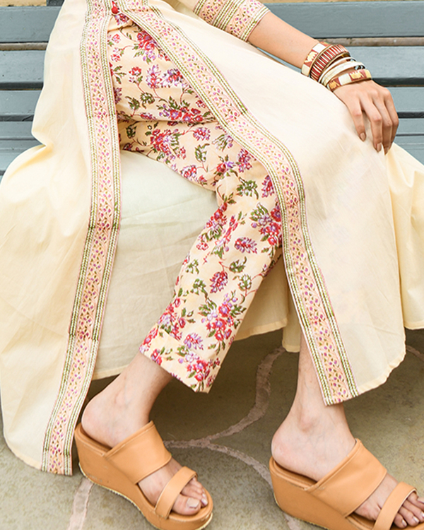 Floral printed yellow high slit kurta with pants and duppatta - set of three 2