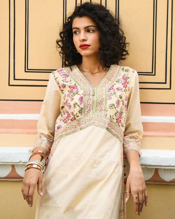 Floral printed yellow high slit kurta with pants and duppatta - set of three 3