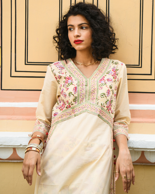 Floral printed yellow high slit kurta 2