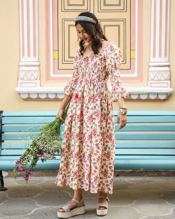 Cream floral printed smock dress 1
