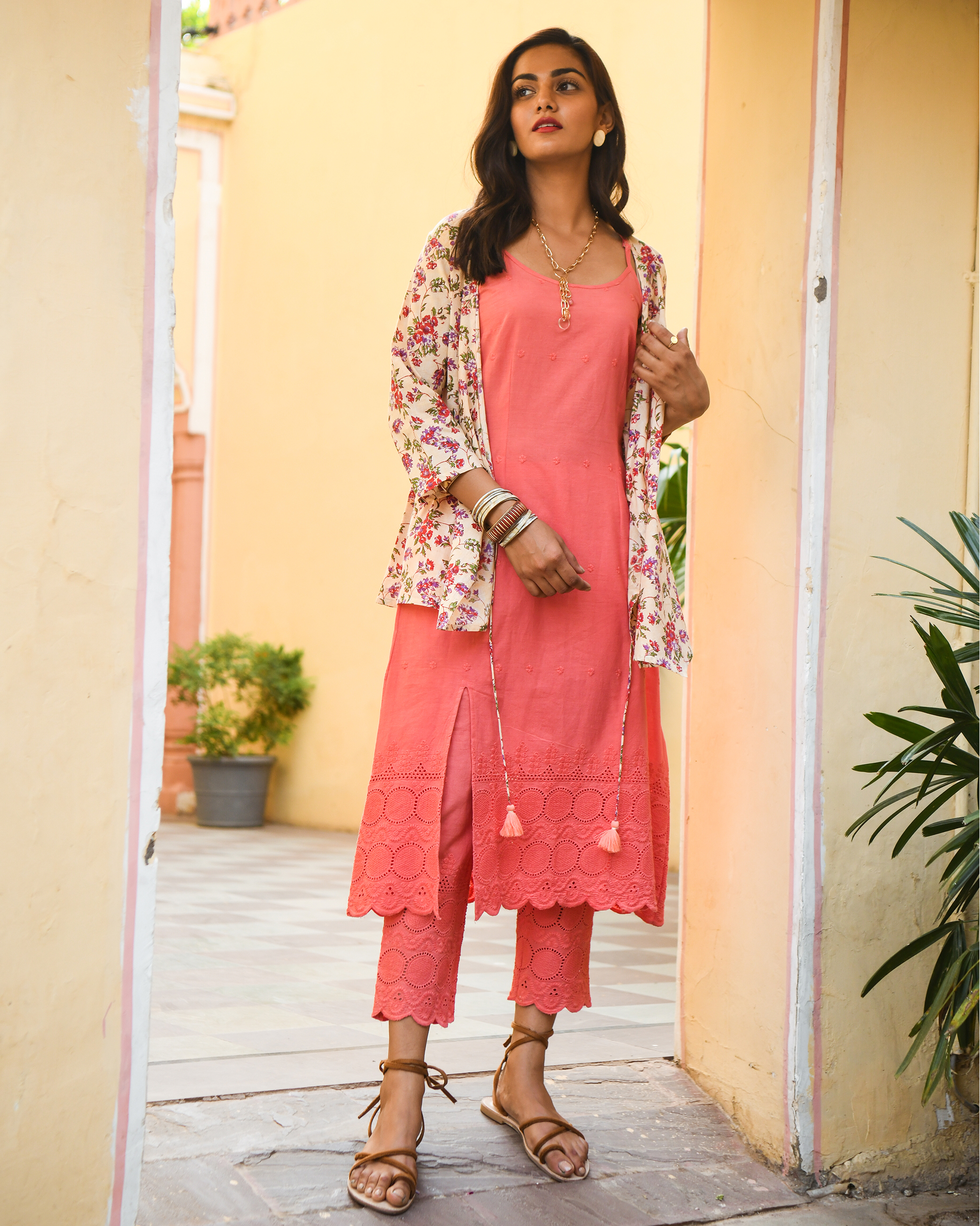Pink noodle strap kurta with pants - set of two by Gulaal