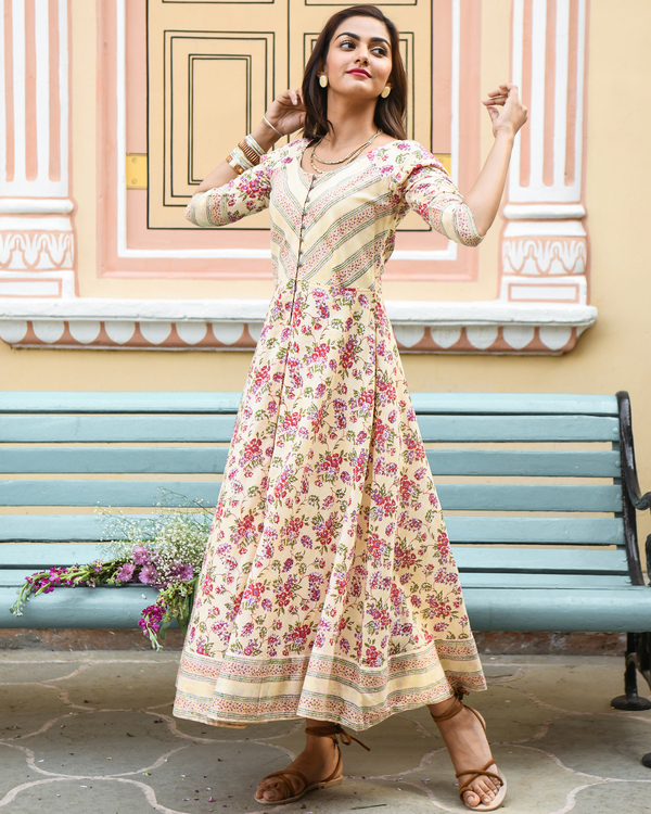 Cream floral printed fit and flare dress 1