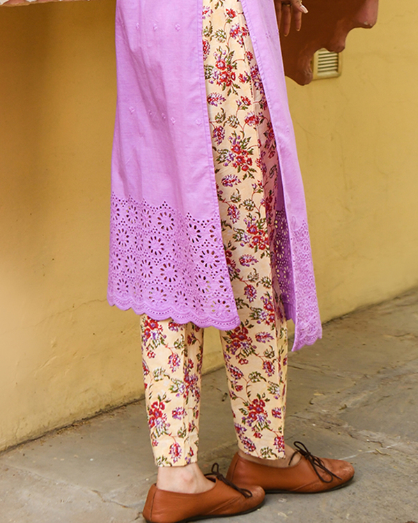 Lavender straight-cut kurta with pants - set of two 3