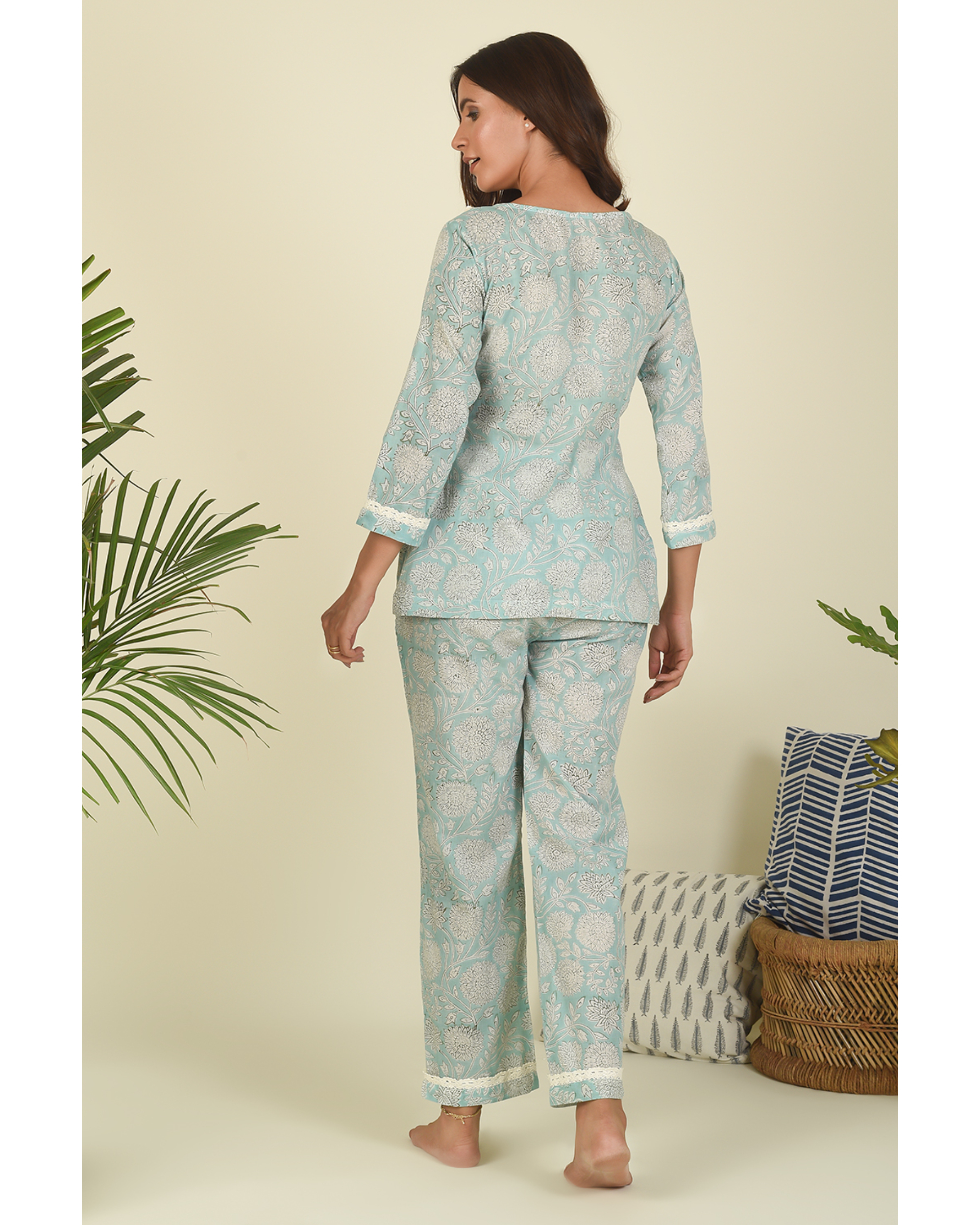 Buy Blue Block Printed Cotton Modal Loungewear Set for Women