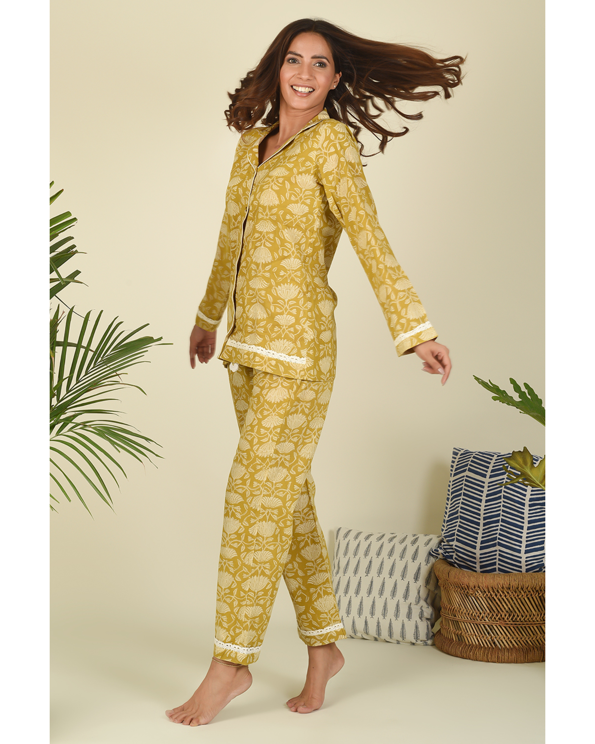 Ochre yellow hand block printed shirt pyjama loungewear set set