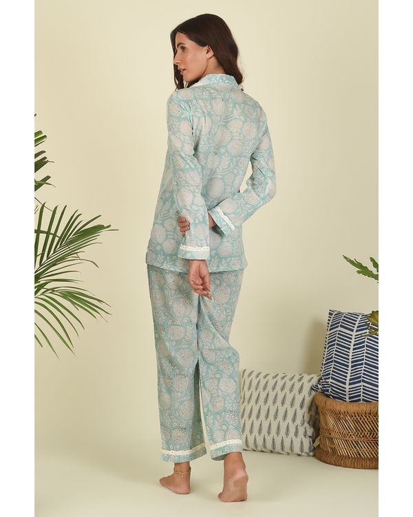 Pastel blue hand block printed shirt-pyjama loungewear set - set of two 1