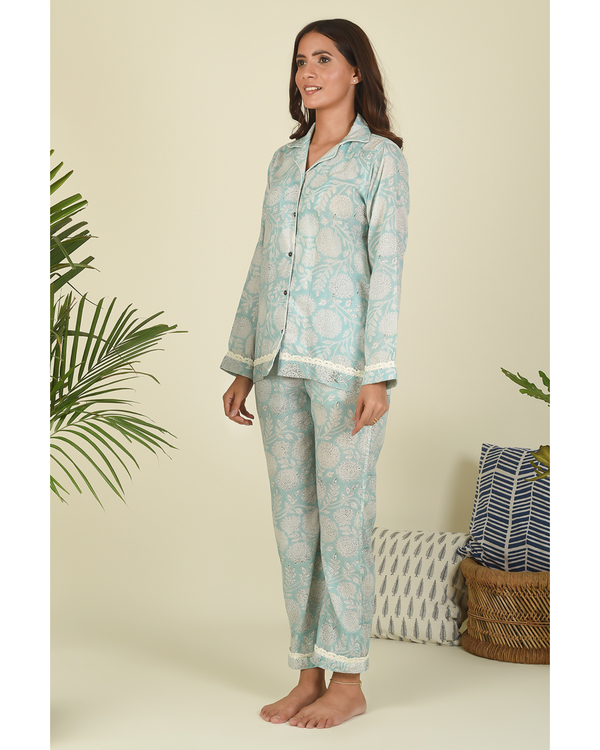 Pastel blue hand block printed shirt-pyjama loungewear set - set of two 2