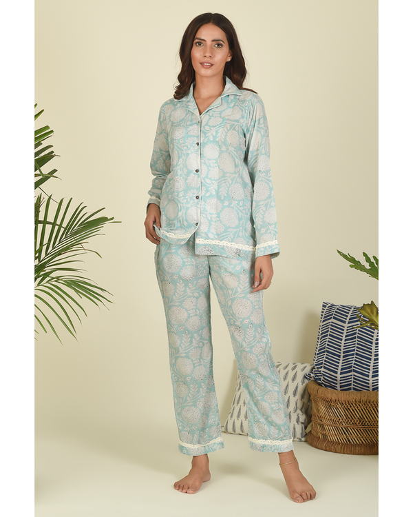 Pastel blue hand block printed shirt-pyjama loungewear set - set of two 3
